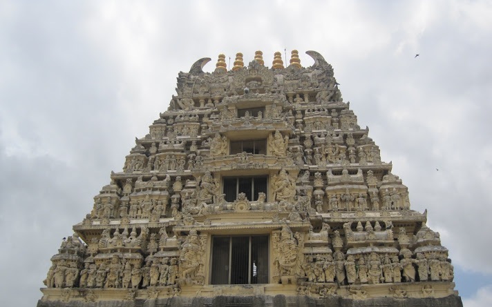 Closer view of the temple gopuram in Belur.